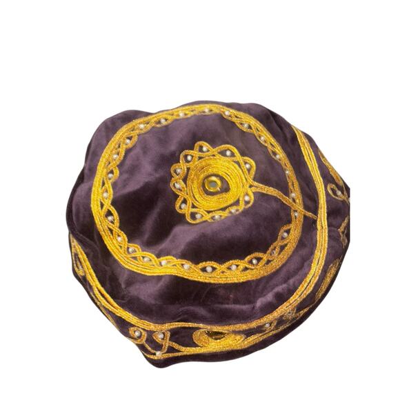 Vintage Velvet Embroidered Turkish Hat Kufi Gold Thread Mirror Bead Costume - Picture 2 of 8